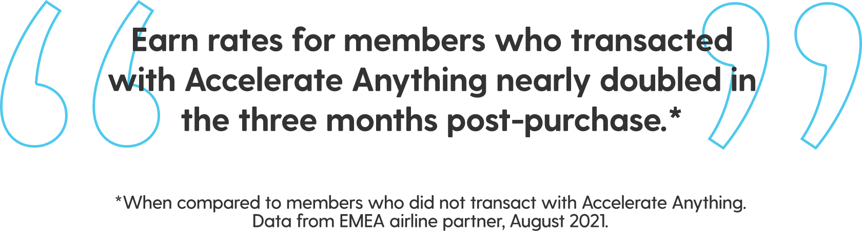 Data quote: Earn rates for members who transacted with Accelerate Anything nearly doubled in the three months post-purchase.*  *When compared to members who did not transact with Accelerate Anything. Data from EMEA airline partner, August 2021.