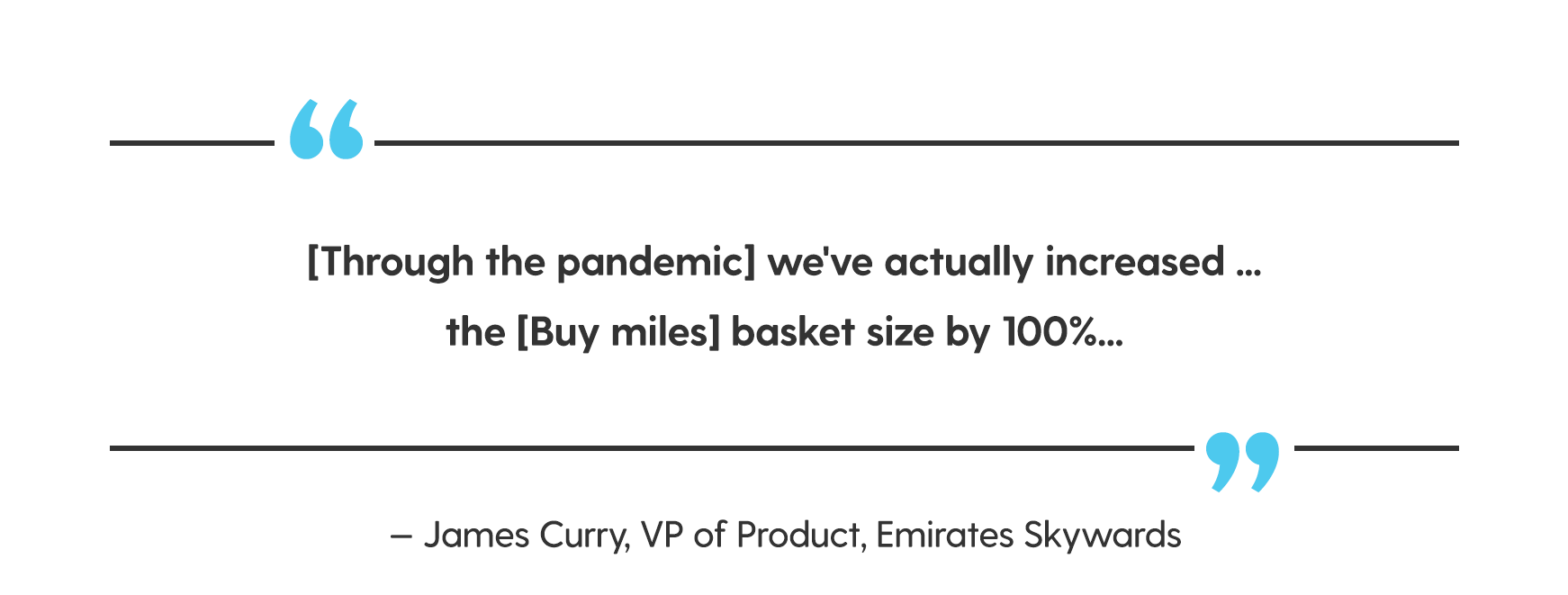 Quote from James Curry that reads, through the pandemic we've actually increased the buy miles basket size by 100 percent.